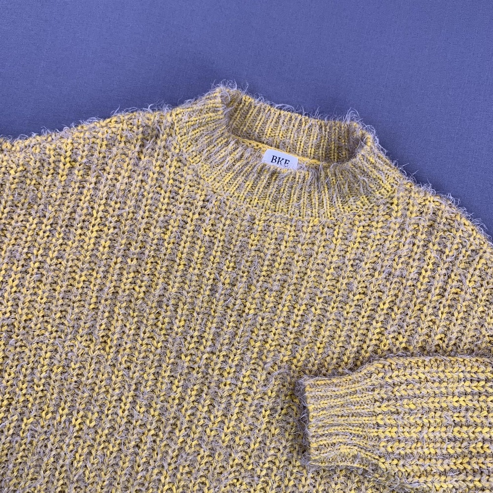 BKE Sweater Womens Small Yellow Mock Neck Fuzzy Chunky Knit Scallop Hem Pullover